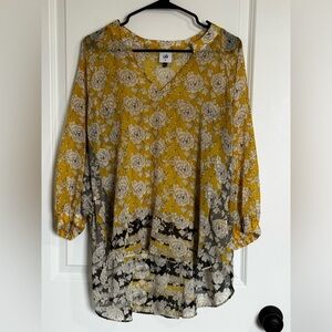 CAbi Sheer Floral Blouse Tunic | Mustard Yellow & Gray | Size M